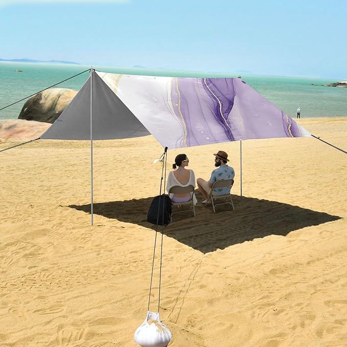 Beach Canopy with Windproof Ropes &amp Sandbags Beach Tent Sun Shade Sun Shelter for Camping Trips Fishing Backyard Fun or Picnics Purple Texture