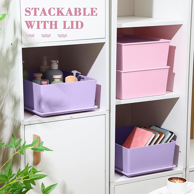Menkxi 4 Pcs Storage Bins with Lids Plastic Stackable Containers for Organizing Shelves Christmas Ornament Box Baskets(Pink PurpleLarge)