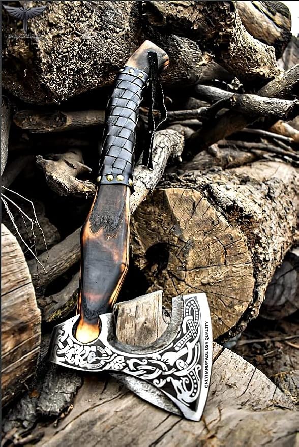 Custom Gift Forged Carbon Steel Viking Axe with Rose Wood Shaft Viking Bearded Camping Axe &amp Hatchet Best Birthday Gift for Him 18 Inches (Medieval Axe)