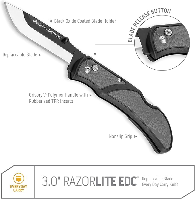 OUTDOOR EDGE 3.0 RazorLite EDC - Replaceable Blade EDC Folding Knife with Pocket Clip and One Hand Opening for Everyday Carry (Gray 4 Blades)