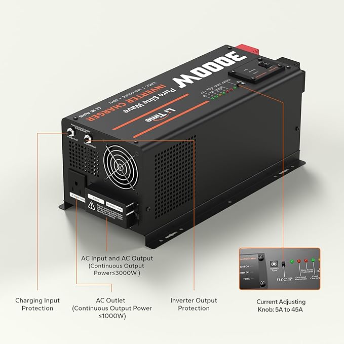 LiTime 3000W Inverter Charger Pure Sine Wave Inverter 12V DC to 120V AC 9000W Peak Power UPS Function 5A - 45A Adjustable Current LCD Remote Control for RV Home Backup Truck Boat