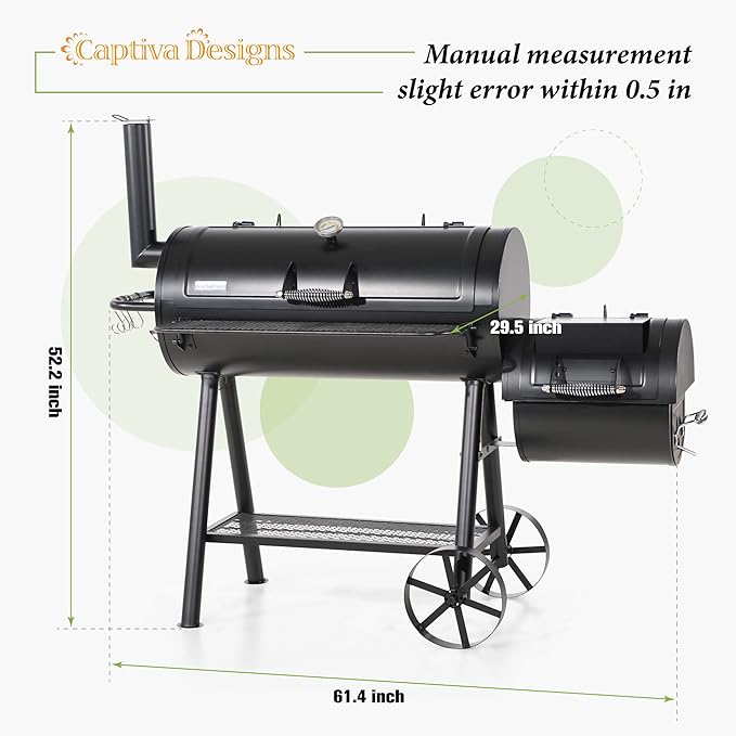 Captiva Designs Heavy Duty Outdoor SmokerExtra Large Cooking Area(941 sq.in. in Total) Offset Smoker Best Charcoal Smoker and Grill Combo for Outdoor Garden Patio and Backyard Cooking