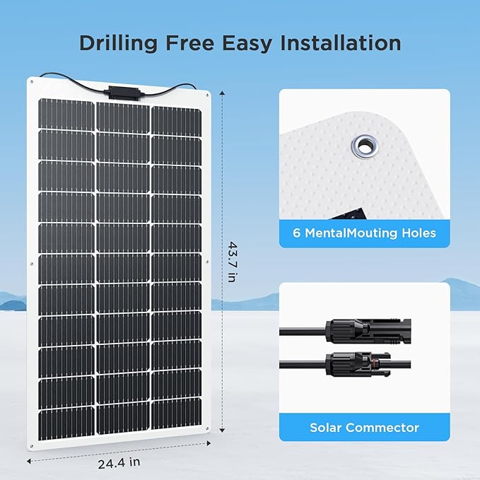 200W Flexible Solar Panel Kit (2x100W) Heat-Reflective White Backsheet Marine-Grade ETFE Solar Panel IP68 Waterproof for Motorhome Boat Van Camper White RVs
