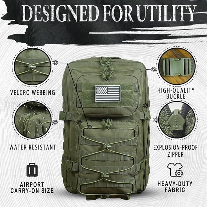 38L Military Tactical Backpack for Men Army 3 Day Assault Pack Molle Bag Bug Out Bag Green