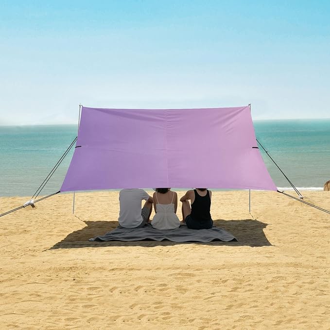 Purple Gradient Stable Beach Tent UPF50+ Lightweight Sun Shelter with Sandbags and Shovel for Camping Trips Fishing Backyard Fun or Picnics