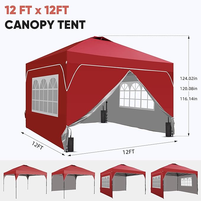 GDY 12x12FT Pop Up Canopy Tent with One Push Setup Easy to Install with 4-Sidewalls for Events Parties Camping Outdoor Gazebo with 4-Sandbags and Wheel BagRed.