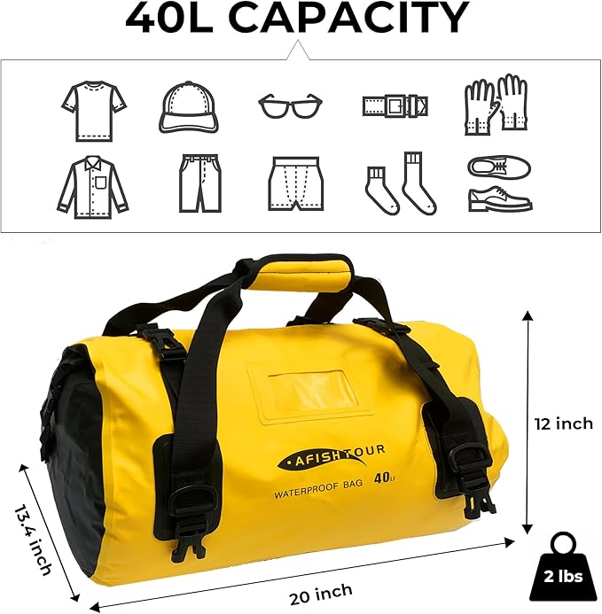 40L Waterproof Motorcycle Duffel Bag - Motorcycle Luggage Tail Bag with Straps for Back Seat - Roll Top Dry Bag for Kayaking Rafting Boating Camping Travel Beach (Yellow)