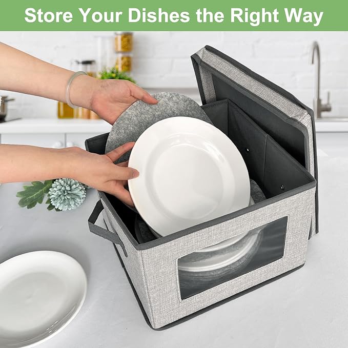 homyfort China Storage Containers With Lid and Handles Dinnerware Storage Box for Dishes with 12 Felt Dividers Hold 24 Plates12 x 12 Set of 2 Light Grey