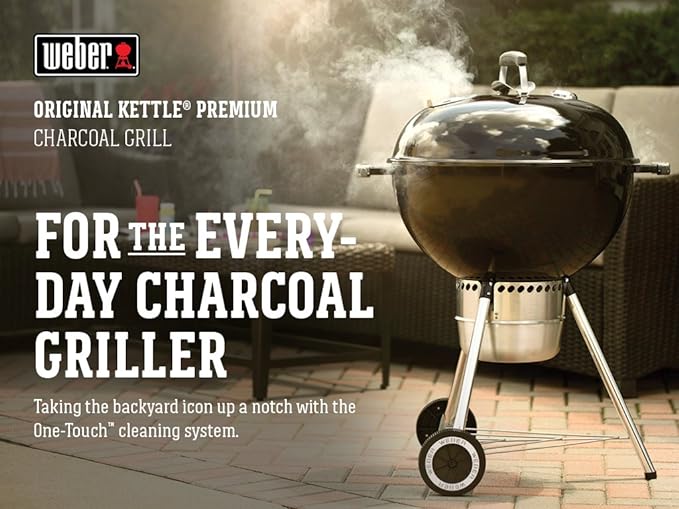 Weber Original Kettle Premium Charcoal Grill 22-Inch Black – Outdoor BBQ Grill with Built‑In Thermometer Heat Control Dampers &amp One‑Touch™ Cleaning System