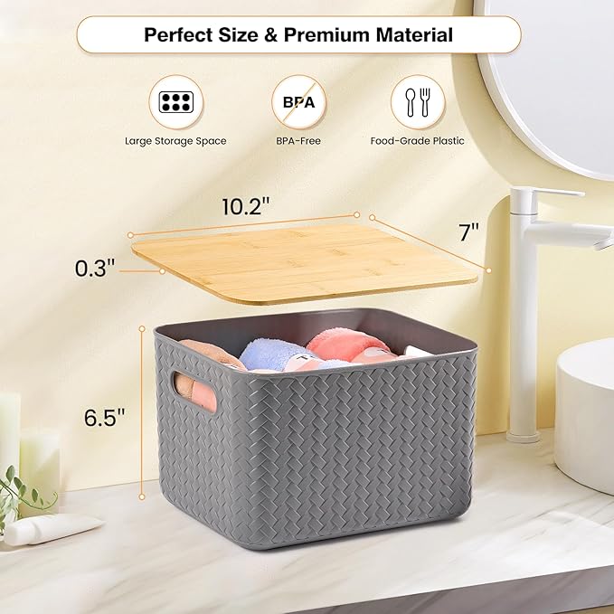 Ohmlove 4 Packs Storage Bins with Bamboo Lids - Plastic Storage Containers with Lids Stackable Storage Box：Storage Baskets for Organizing Desktop Closet Playroom Classroom OfficeGray