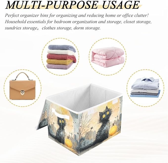 Halloween Cute Cat Storage Box with Lid 1 PC Foldable Storage Bin with Lids Stackable Storage Bins Cube Closet Organizer Basket with Flip-Top Lid &amp Handles for Shoes Books Towels