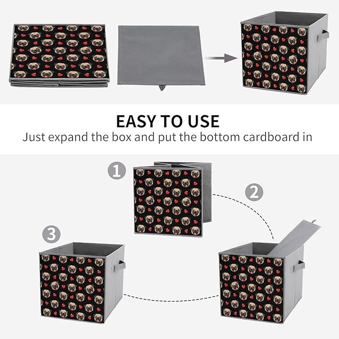 Space-Saving Fabric Storage Cubes Puppy Dog Pugs Gifts Pug Lovers Collapsible Baskets with Handles Stylish Storage Solution for Home