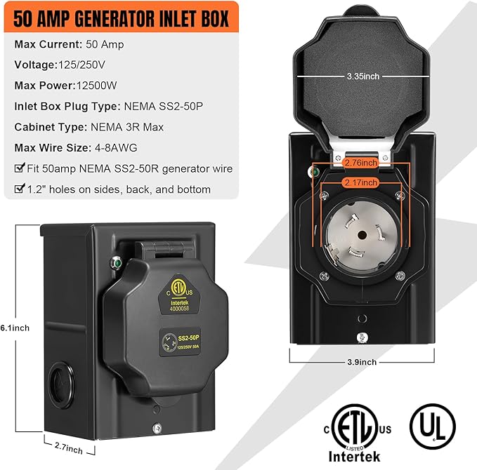 25FT 50 Amp Generator Cord with Pre-Drilled Power Inlet BoxHeavy Duty Generator Power Cord 4 Prong125/250VNEMA 14-50P Male to SS2-50R &amp CS6364WaterproofETL ListedHome/RV Power Supply