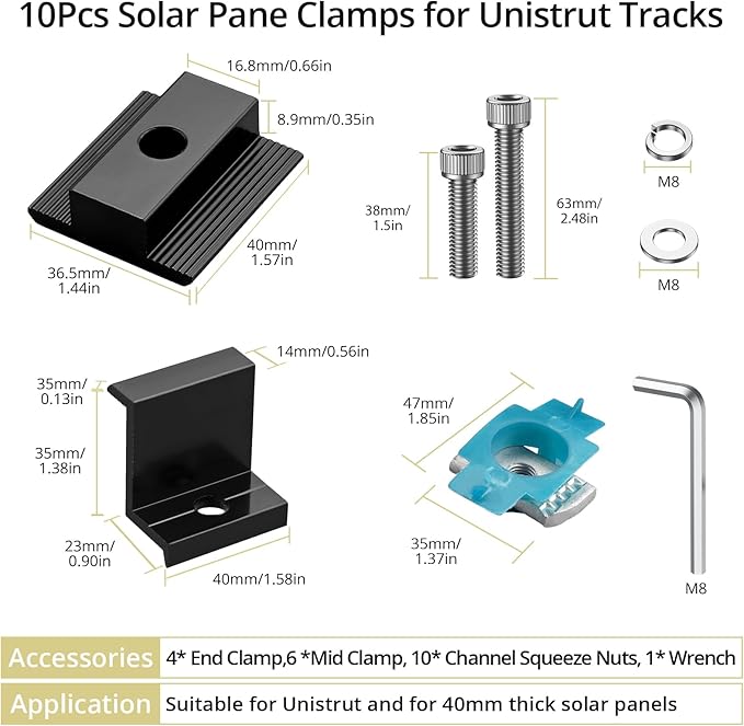 Anbte 10 PCS Solar Panel Clamps for Unistrut Aluminium 40mm 6 x T-Shaped Mid Clamps + 4 x End Clamps Solar Panel Mounting Brackets for Metal Tin Flat Sheet Roofs RV Black