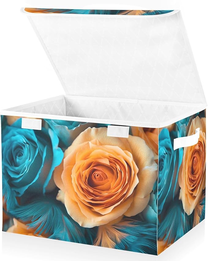 AIXIWAWA Lidded Storage Cube (Green Orange Floral) Fabric Foldable Closet Bins with Flip Lid and Handles Organizer Basket Container 16.5 x 12.6 x 11.8 IN