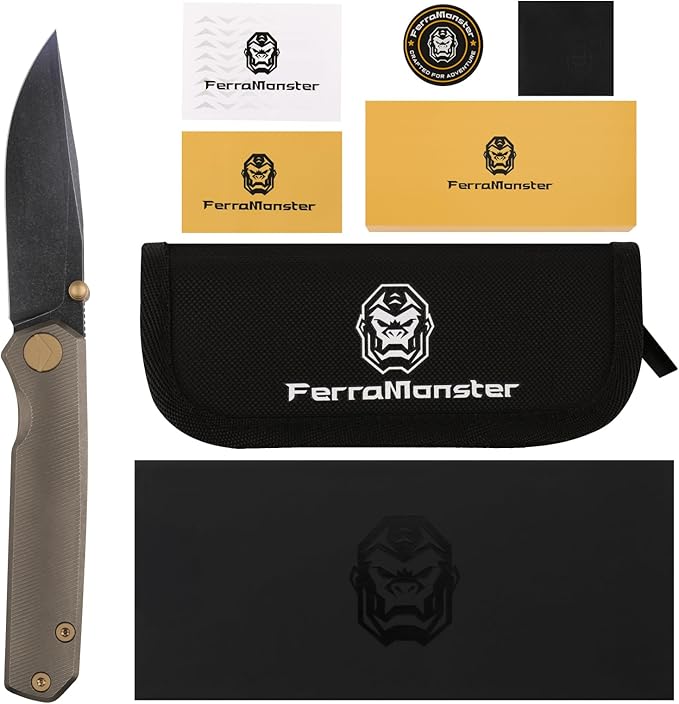 Folding Pocket Knife 2.95 Elmax Blade EDC Knife with Titanium Handle and Frame Lock Small Pocket Knife with Clip for Men Sharp Camping Hiking Hunting Survival Knives (Gold)