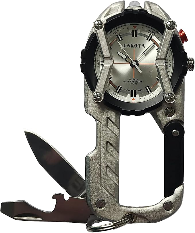 Multitool Clip Watch for Men – Silver | 100ft Water Resistant Clip-On Watch with LED Light Bottle Opener Screwdriver &amp Carabiner – Stainless Steel Outdoor Work &amp Camping Tool