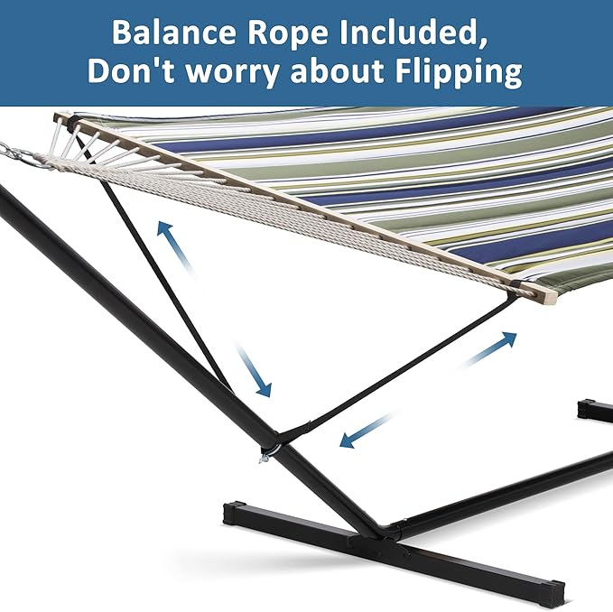 SUNCREAT Double Hammock Extra Large Quilted Fabric Swing with Hardwood Spreader Bars &amp Detachable Pillow Heavy Duty Perfect for Indoor/Outdoor Patio Deck Yard Blue&ampAqua