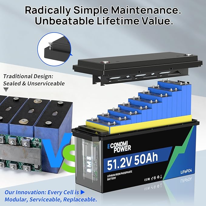 48V 50 Ah LiFePO4 Lithium Battery with Bluetooth &amp Built-In 50 A BMS A-Grade Cells 10 Years Lifespan Perfect for Solar Motorhomes Trolling Motors