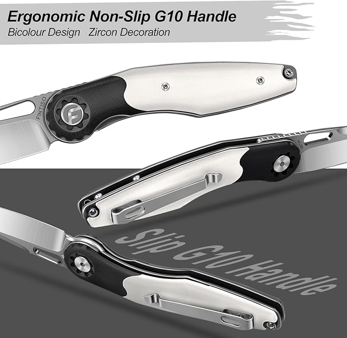 FINTISO Pocket Knife 3.5 Folding Knife Premium 14C28N Blade Bicolour G10 Handle Design with Pocket Clip for Men Women Small EDC Knife for Camping Hunting Hiking Survival and Outdoor Activities