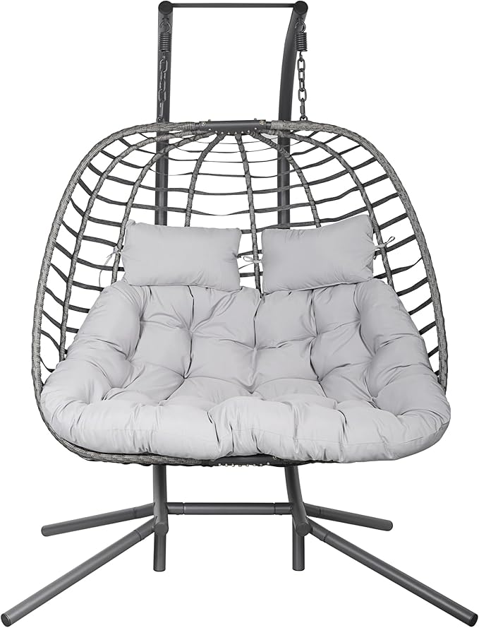 Double Hanging Egg Chair wth Stand Patio Hammock Swing Chair with Cushion Loveseat for Bedroom Balcony Garden Indoor Outdoor