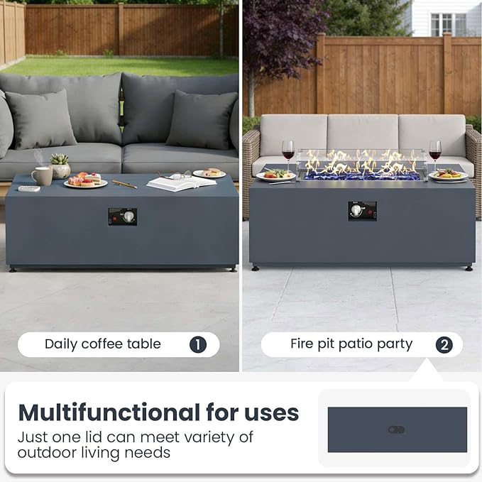 42 Inch Gas Fire Pit Table 55000 BTU Propane Fire Pits for Outside with Aluminum Lid and Waterproof Cover 2 in 1 Firepit Table
