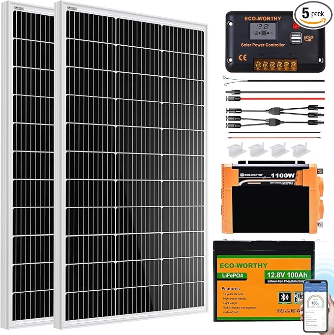 ECO-WORTHY 200 Watt 12V Complete Solar Panel Starter Kit for RV Off Grid with Battery and Inverter: 2pcs 100W Solar Panel + 30A Charge Controller + 100Ah Lithium Battery + 1100W Premium Solar Inverter