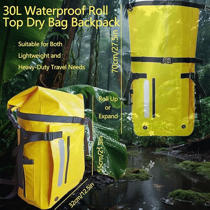 Yellow 30L Waterproof Backpack - High Visibility Roll Top Dry Bag | Floating Kayak &amp Fishing Backpack for Outdoor Safety