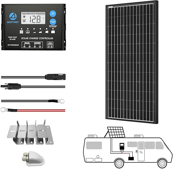 ACOPOWER 100 Watt Solar Panel Kit High Efficiency Monocrystalline 1 * 100W Solar Panels with 20A PWM LCD Charge Controller/Mounting Brackets/Y Connectors/Solar Cables/Cable Entry housing（100W Kit）