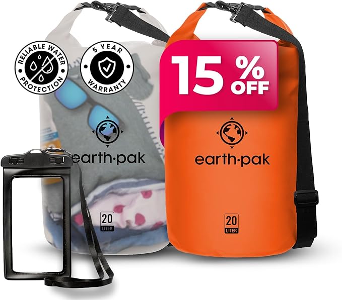 Earth Pak Waterproof Dry Bag - Roll Top Waterproof Backpack Sack (20L Clear &amp 20L Orange)
