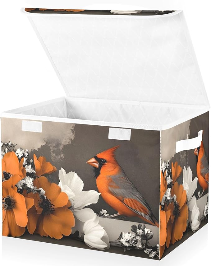 AIXIWAWA Lidded Storage Cube (Bird Flowers) Fabric Foldable Closet Bins with Flip Lid and Handles Organizer Basket Container 16.5 x 12.6 x 11.8 IN