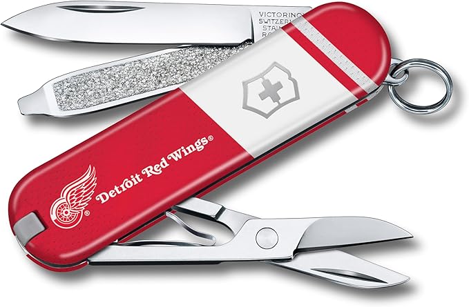 Victorinox Classic SD Swiss Army Knife – Compact 7 Function Swiss Made Pocket Knife with Small Blade Screwdriver and Key Ring – Detroit Red Wings