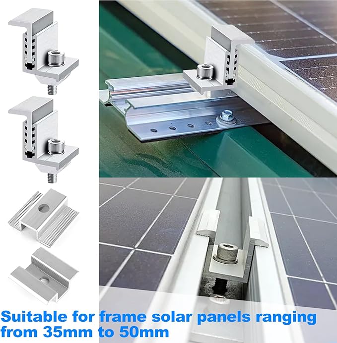 LANIAKEA 28PCS Solar Panel End Clamps 35-50 mm Adjustable End Panel Clamps Aluminum Solar Mid Clam for Metal Roof Tin Roof Flat Roof Solar Panel PV Mounting System