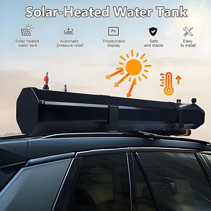 Upgraded Shower Solar Roof Rack Shower Pressurized Water Tank for Camping Outdoor Roof Rack Water Tank with 5.58ft Water Hose &amp Shower Head for Trucks Off Road Vehicles RV SUV(18L/4.76Gal)