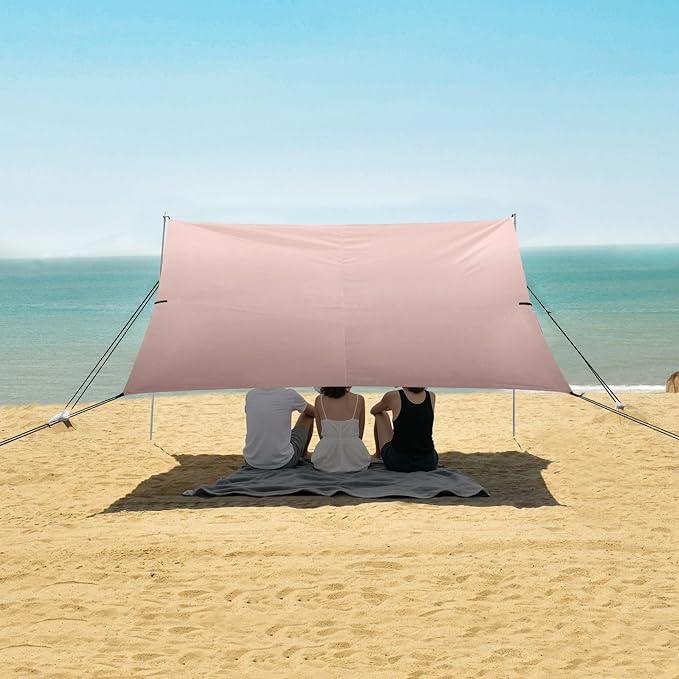 Rose Gold Gradient Foldable Beach Tent UPF50+ Waterproof Portable Sun Shelter Includes Sand Shovel Sandbags Stability Poles for Backyard and Camping