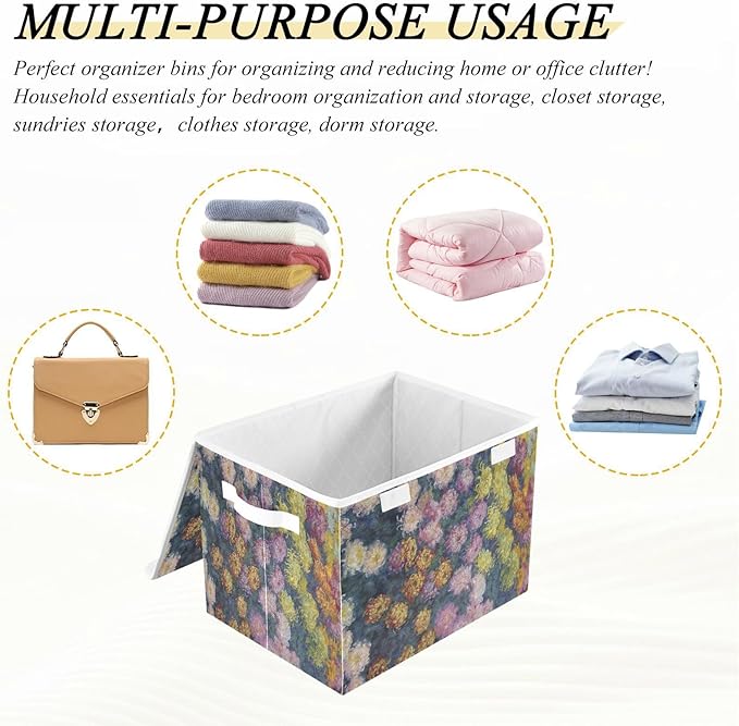 Storage Bins With Lid Stackable Fabric Closet Organizer Clothing Storage Large Boxes For Closet Shelves Bedroom Chrysanthemums Flower Monet