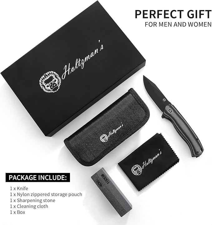 Holtzman's Gorilla Survival Folding Pocket Knife with D2 Steel Blade and G10 Handle (Black + Black/Grey) - EDC Gift Set for Men and Women - Perfect for Everyday Carry