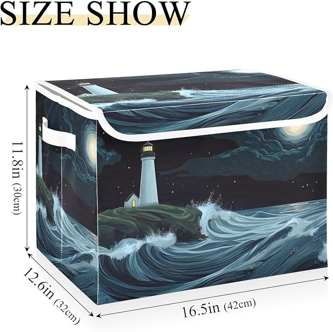 Storage Cube with Lid Cartoon Lighthouse Print 16.5×12.6×11.8 IN 1 Pack Collapsible Large Capacity Foldable Storage Basket Bin Organizer