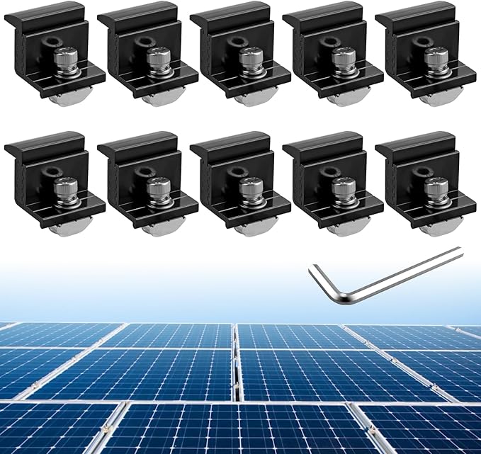 Anbte 10pcs Solar Panel Mounting Brackets 30-50mm Adjustable Aluminum Solar Panel End Clamp Include 10*Screw M8 and 1*Wrench Solar Mount Kit for Metal Roof Tin Roof Flat Roof Sheet Roof Black
