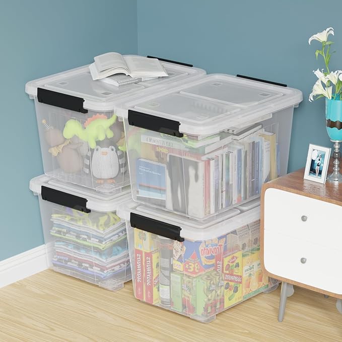 50 Quart Clear Large Storage Totes with Wheels Plastic Storage Box with Lid 4-Pack