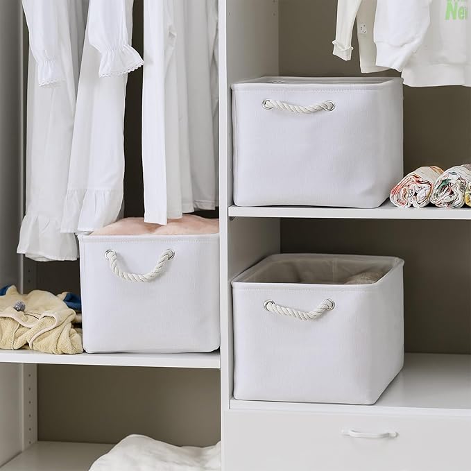 TheWarmHome Storage Basket for Shelves - 15.8x11.8x11.8 inch 3 Pack Fabric Storage Cubes Collapsible Storage Bin for Organizing Organizer Closet Book Gift Dog(White)