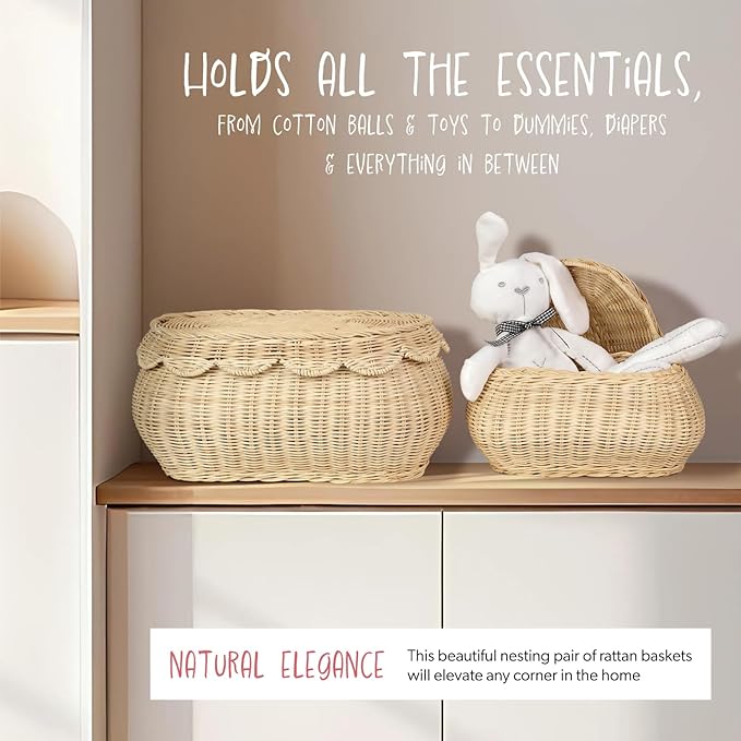 2pcs Hand Woven Rattan Scallopped Baskets with Lid Small Rattan Basket Decorative Wicker Storage Baskets Storage Basket for Living Room Bathroom Bedroom Food Bread Picnic