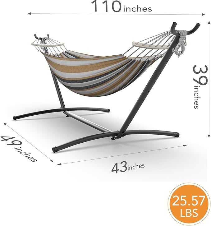 Everyfun Double Hammock with Space-Saving Steel Stand 2 Person Heavy-Duty Hammock for Garden Yard or Outdoor 600lbs Capacity Coffee