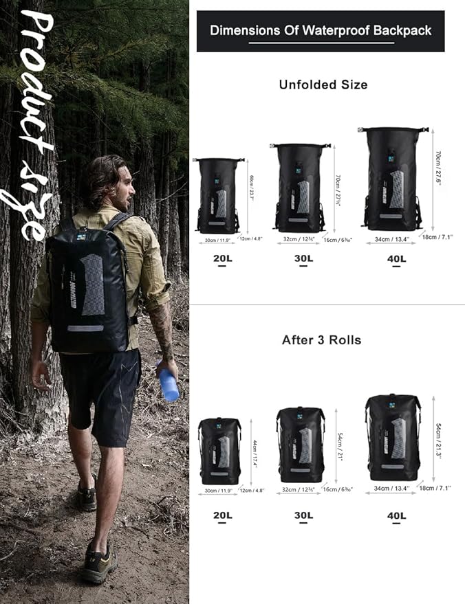 IDRYBAG Waterproof Backpack for Men 20L/30L/40L Floating Dry Bag Kayak Dry Backpack Hiking
