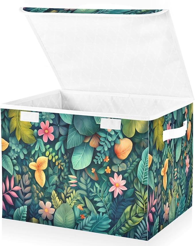 File Organizer Box Lush Greenery Floral Storage Bin with Lid Foldable Baskets for Office Document Storage 11.8x12.6 x16.5