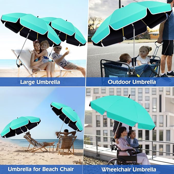 2Pack 48.8 inch Large Beach Umbrella with Clamp Sun Shade for Beach Chair 360°Adjustable UV Protection Golf Umbrella with Clip for Outdoor Stroller Wheelchair Camping Chair