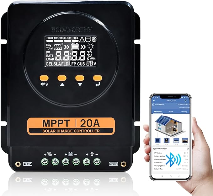 ECO-WORTHY MPPT Solar Charge Controller 12V/24V 20ABluetooth &amp APP MonitoringLCD Display Solar Panel Regulator for GelSLAFLDLFP Battery in Solar SystemRV
