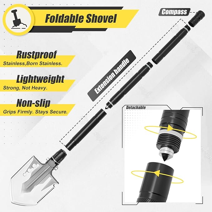 Folding Camping Shovel Axe KitMultifunctional Survival Shovel with Stainless Steel Pickaxe pliersCompassLocking scissorsMagnetic flashlight- For Camping Snow Hiking Survival Gear