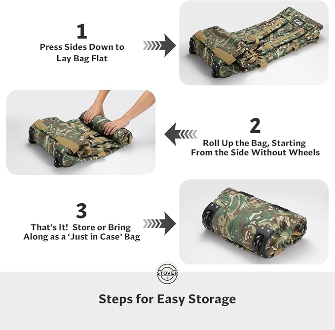 STOVER 45/80/100L Rolling Duffel Bag with Wheels X-Large Durable Travel Duffle + Toiletry Bag Heavy Duty Packable with Shoulder Straps- Use as Luggage or Backpack (Camouflage)