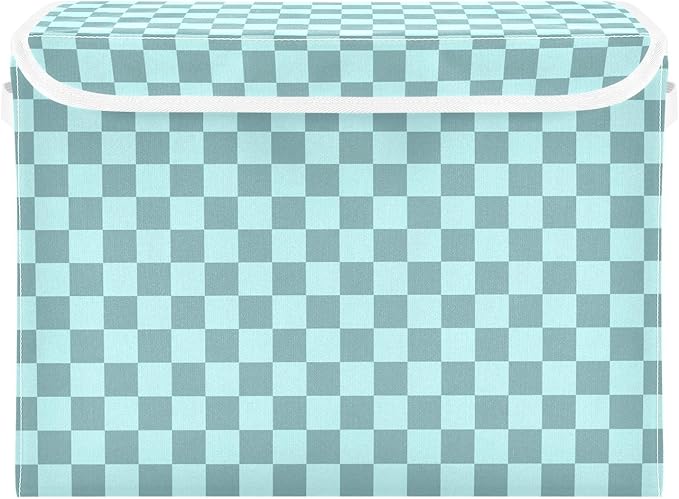 Grey Blue Checkerboard Storage Baskets Lidded Bin Foldable Storage Boxes Cubes Lids with 2 Handles for Organizing Closet Home Office